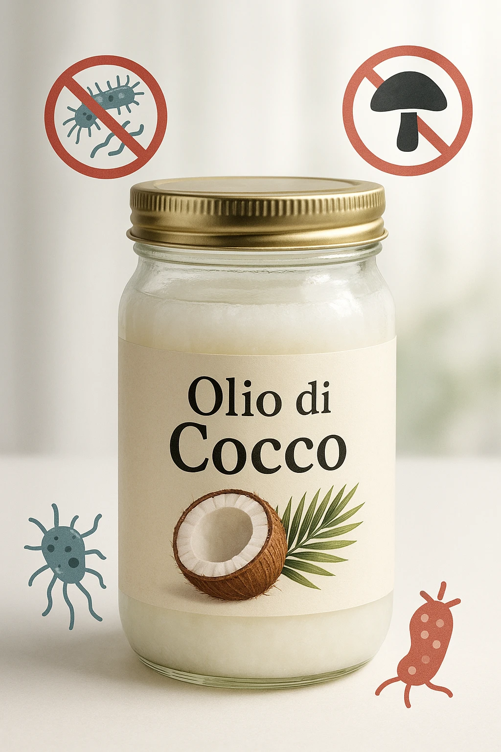 vertical realistic and cinematic illustration of a jar of coconut oil with Italian label 'Olio di Cocco'. Include visual symbols representing anti-dysbiotic and antifungal properties, such as bacteria and fungi crossed out or defeated. Bright atmosphere, no other text, vertical 2:3 aspect ratio. emoji