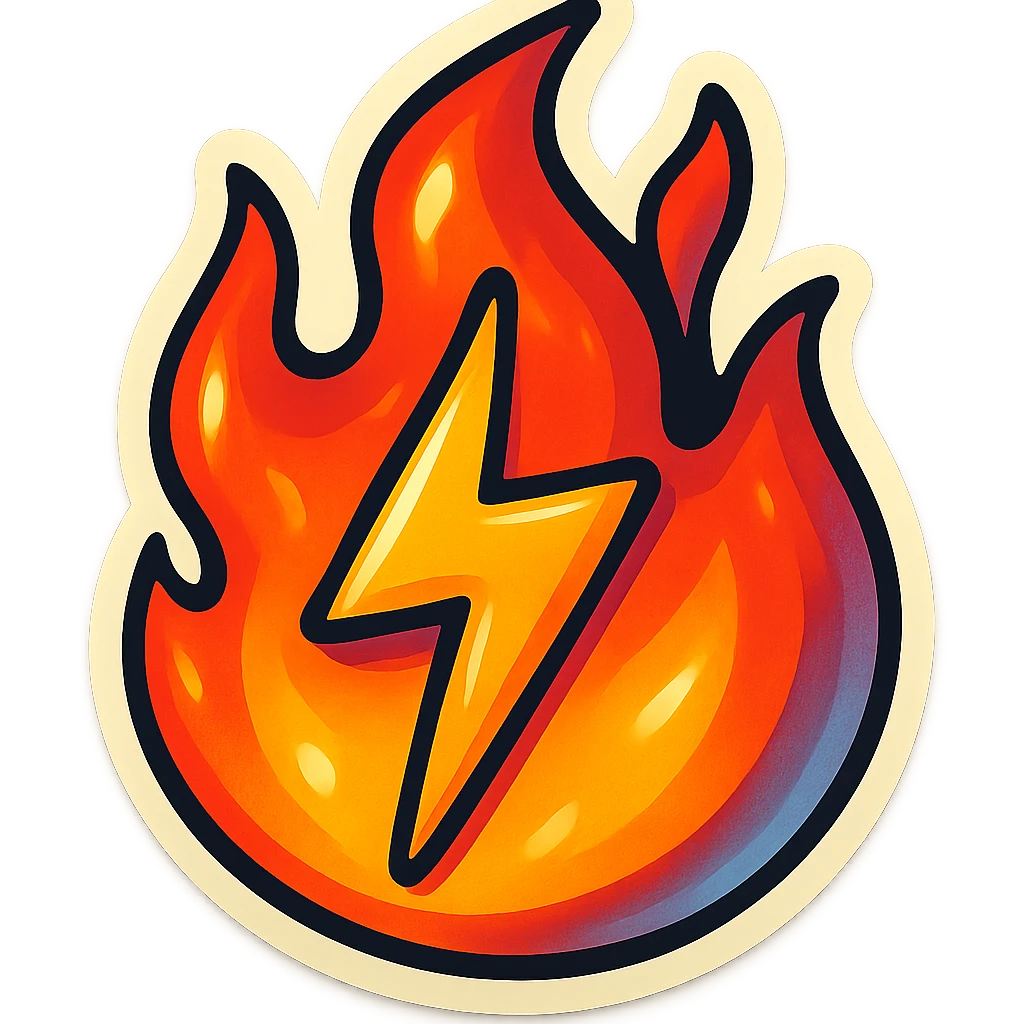 retro sticker style image of a flame with a lightning bolt shape inside, bold contours, juicy colors, expressive highlights and shadows, powerful and bright fire emoji