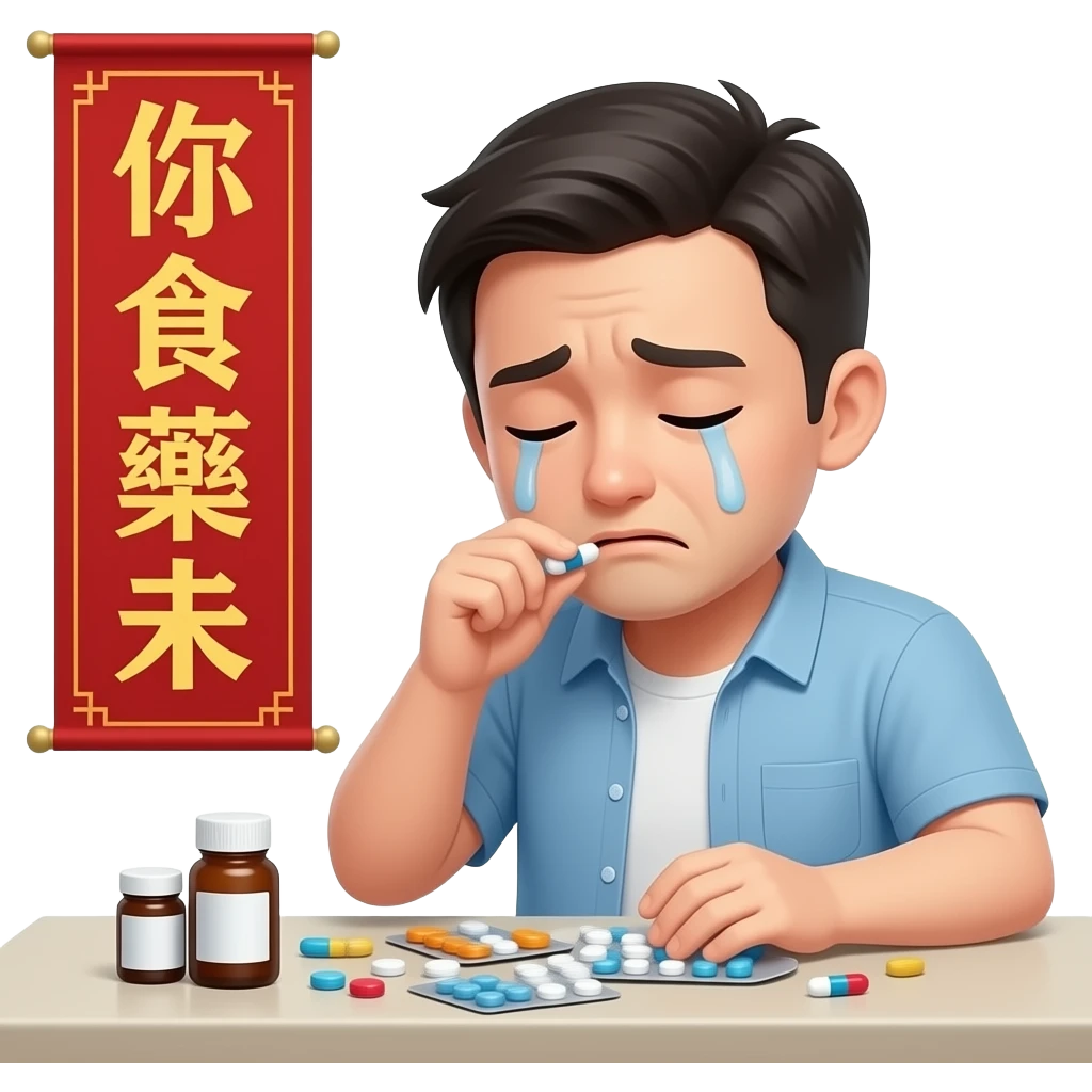 A sick man worrying taking plenty medicine with a chinese banner 「你食藥未」 emoji