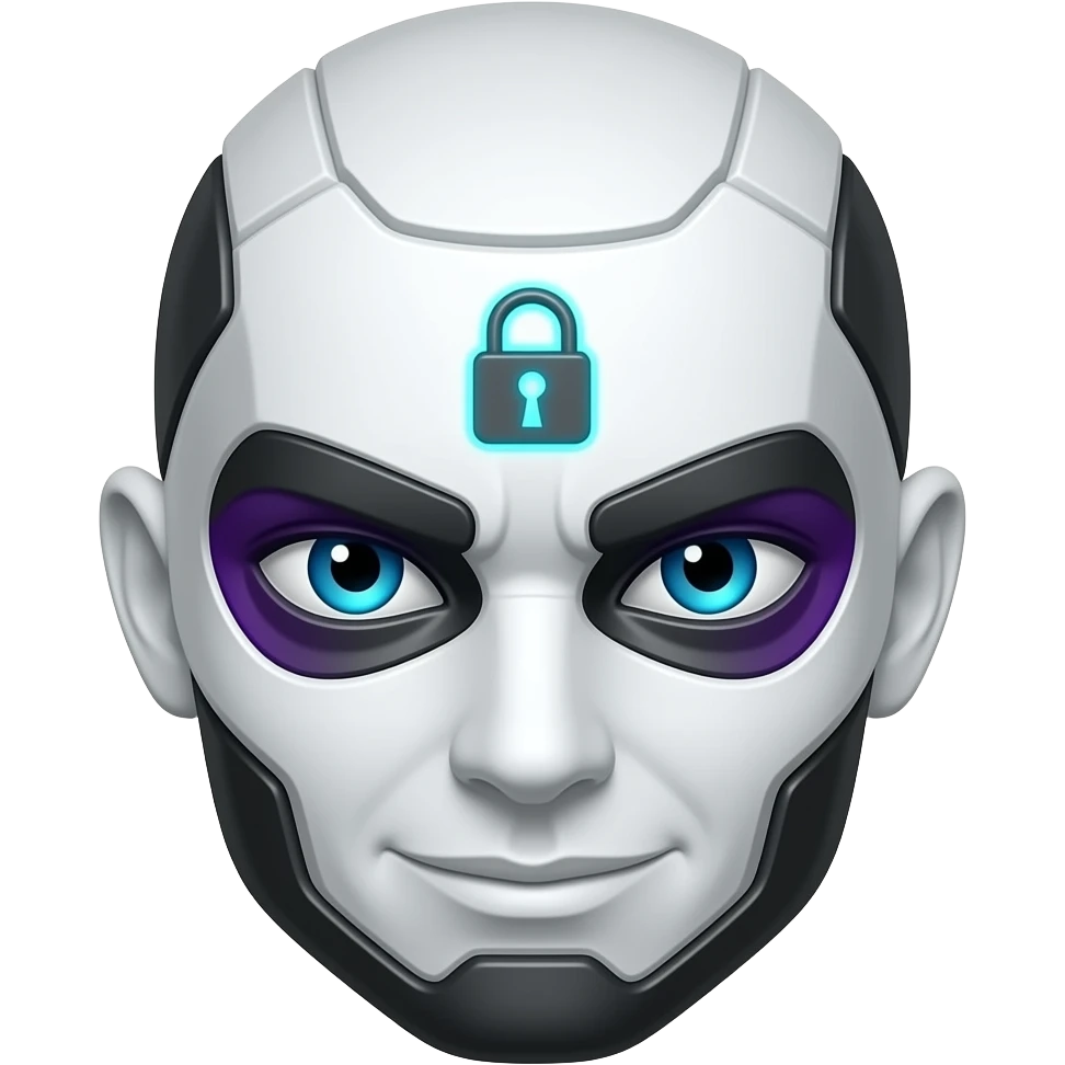 A sleek, confident white face with a slight smirk, A lock symbol integrated into the design. Color palette:  Electric blue & neon purple → Hockey, Owner, Black/steel accents → authority, control, mystery  Expression:  Calm. Calculated. Slightly amused. emoji