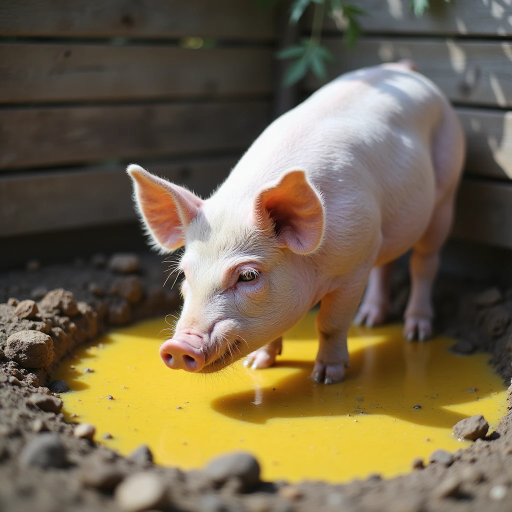 pig in an outdoor pen, feeding and drinking from a yellow puddle among mud, rural environment, natural light, 4K quality emoji