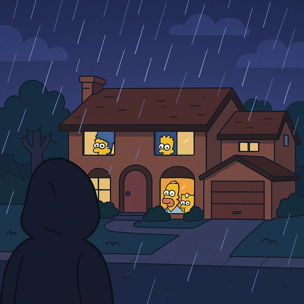 Springfield sous la pluie, la nuit. Une silhouette encapuchonnée observe la maison des Simpson. emoji