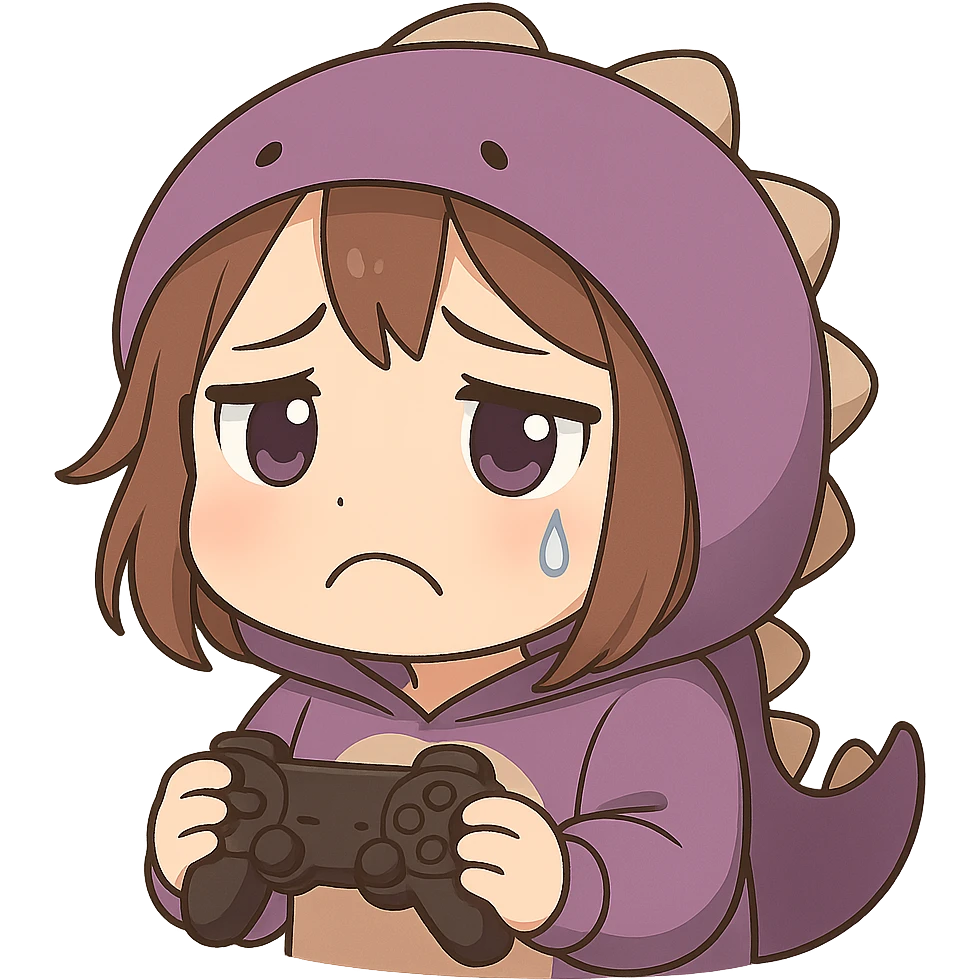 Chibi anime style gamer girl with glasses, brown hair, dark purple eyes, wearing a purple dinosaur costume, making a sad emote, no background, same style as reference. emoji