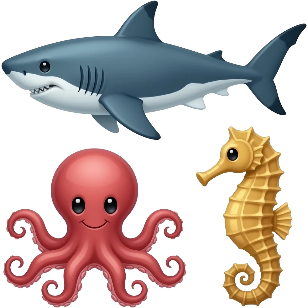 Shark, octopus, and seahorse emoji