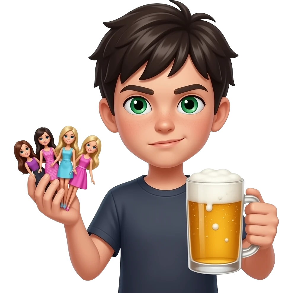 Little slim dark haïr boy with green eyes very arrogant with a cigar, there barbies in one hand and a beer in another emoji