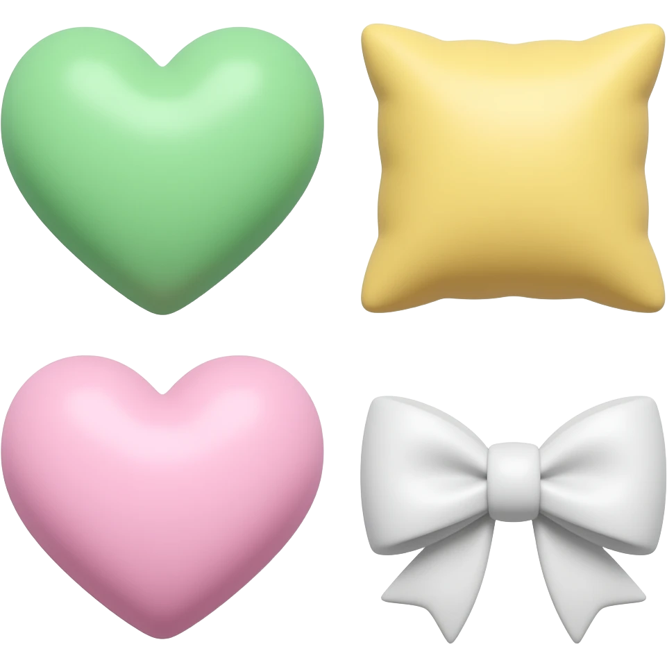 green and yellow a set of decorative pillows in heart and bow shapes, pastel pink and white, soft fabric texture, 3D render inspired by Barbie colour palette emoji