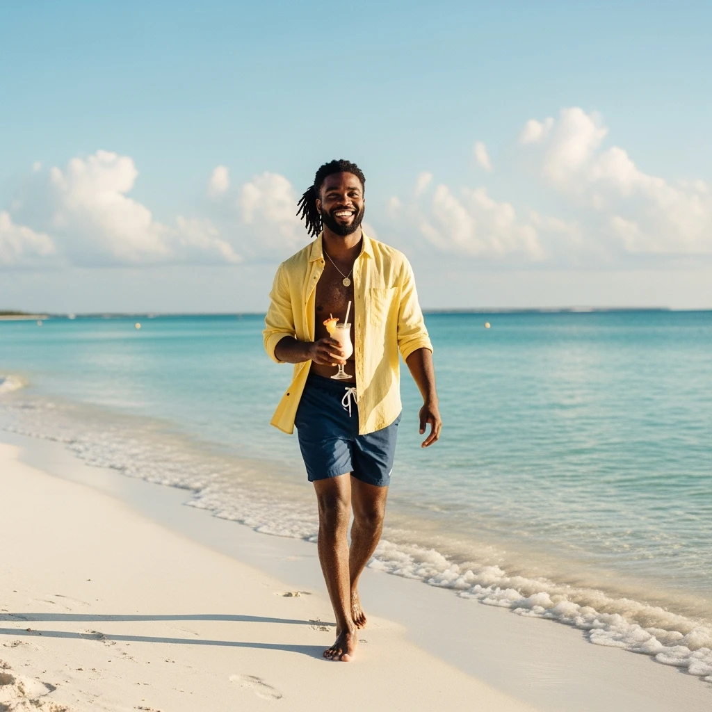 take this picture of a man and make it  beach photo with drink emoji
