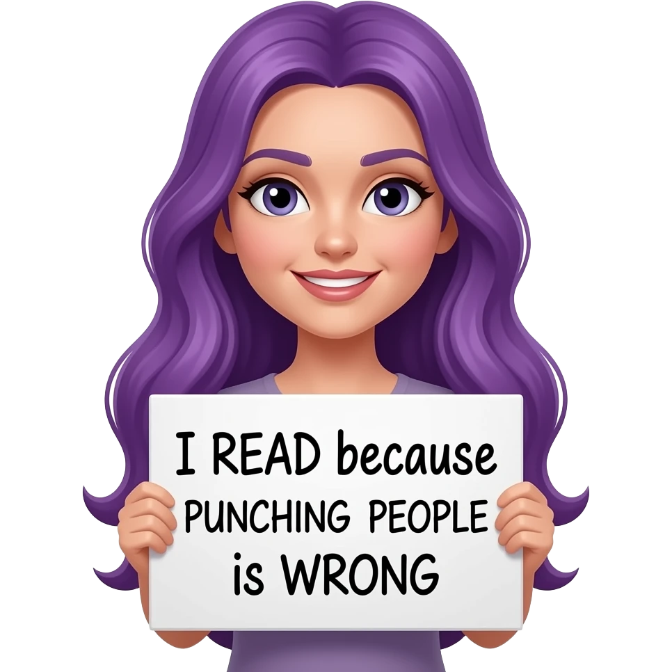 sexy girl with long purple hair holding a I READ because PUNCHING PEOPLE is WRONG sign emoji