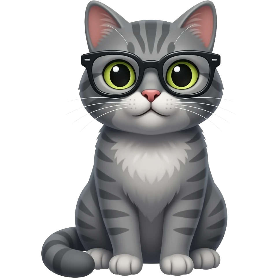 grey cat sitting pose front view wear glasses emoji