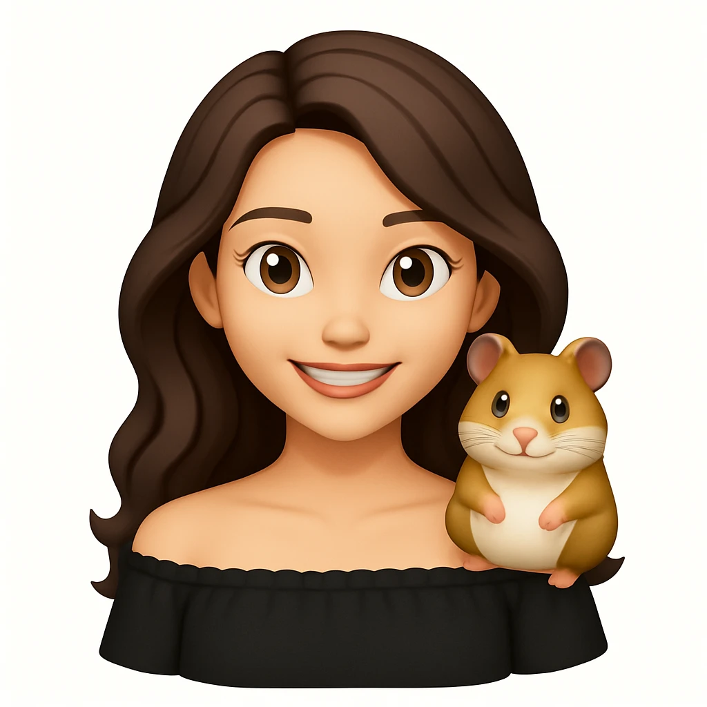 Add a cute hamster sitting on her shoulder, keeping the modern, clean, warm style and the original background. emoji