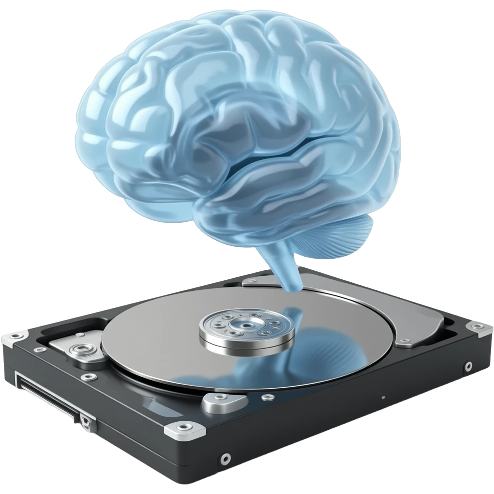 transparent synthetic brain floating on hard drive emoji