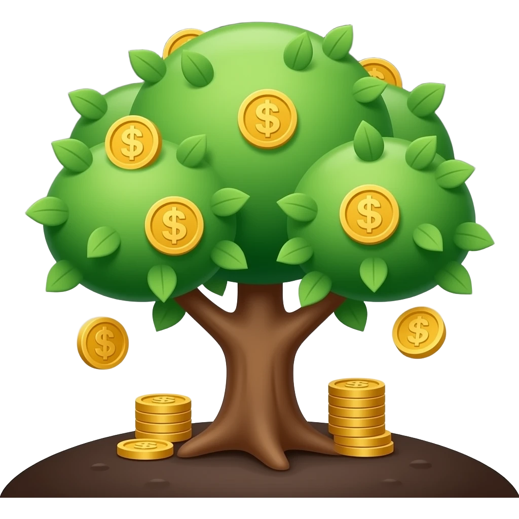 Apple-style money tree emoji, round soft green canopy. No pot, no ground — only the tree. Small gold coins as fruits inside the leaves. Flat 2D, clean shapes, no gradients. Dark near-black background, premium fintech icon. emoji