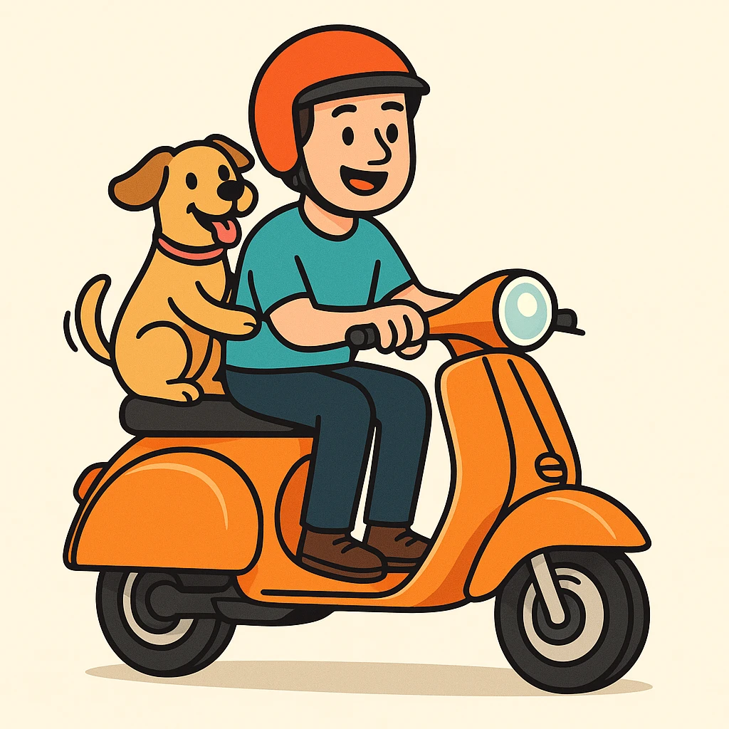 vector art of a man and his pet dog riding a vespa, for website design  emoji