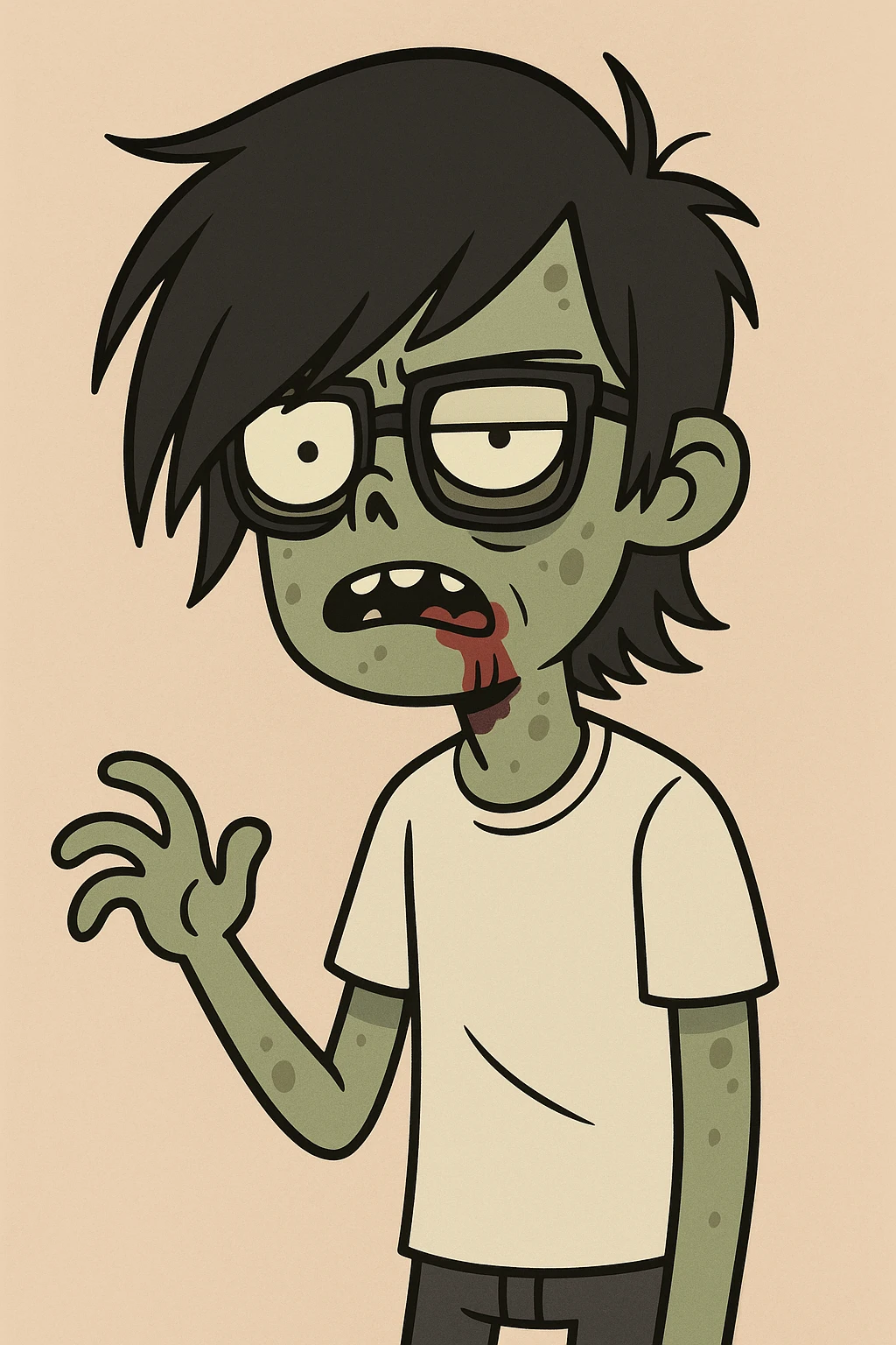 zombie boy with long black emo hair, glasses and white shirt, cartoon style emoji
