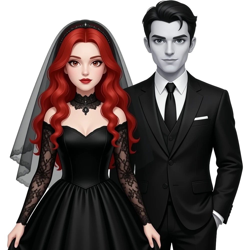Vampiro femmina adolescente con capelli lunghi rosso fuoco ondulati con pelle bianca che indossa un vestito da sposa lungo con le maniche lunghe e nero e il velo nero con le ginmiciu nereche si sta sposando con il suo ragazzo VAMPIRO con la pelle chiara emoji