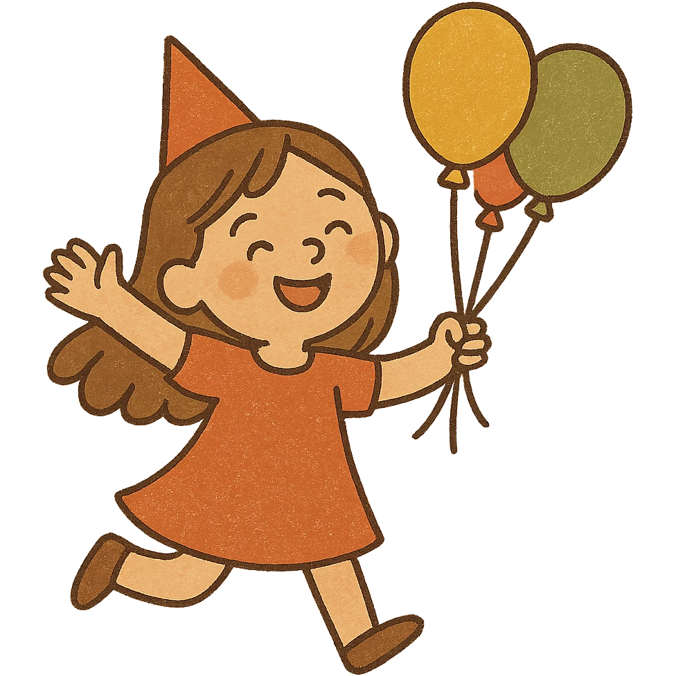 happy party girl, cartoon style, holding balloons, cheerful expression emoji