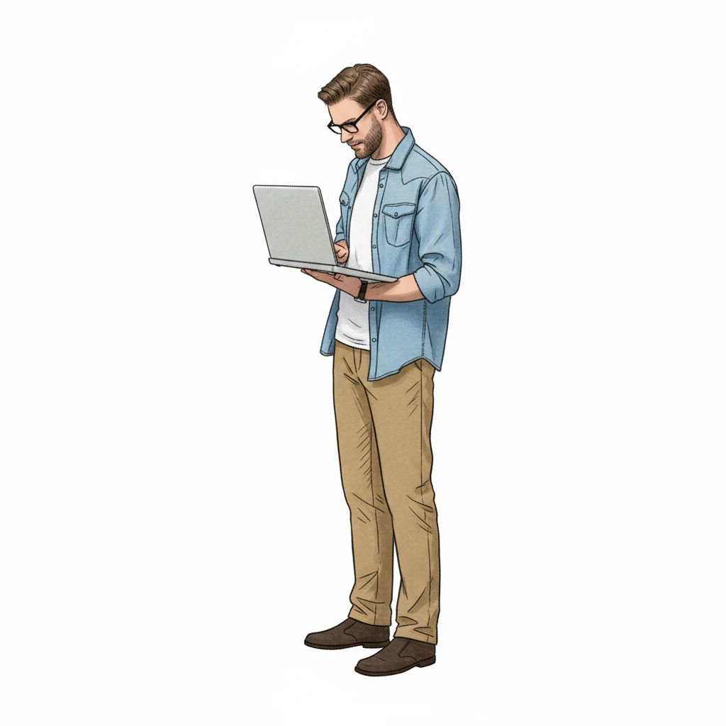 нарисуй похожего мужчину строго в профиль, который держит в руках ноутбук, как на картинке, но мужчина стоит в полный рост,  в стиле, как на картинке мужчина рабочий, без фона emoji