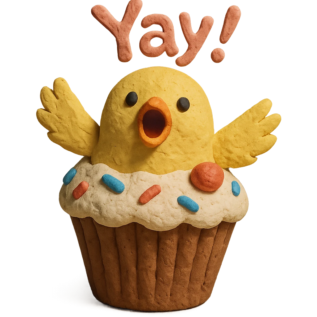 chick in cupcake costume shouting “Yay!”, claymation style emoji