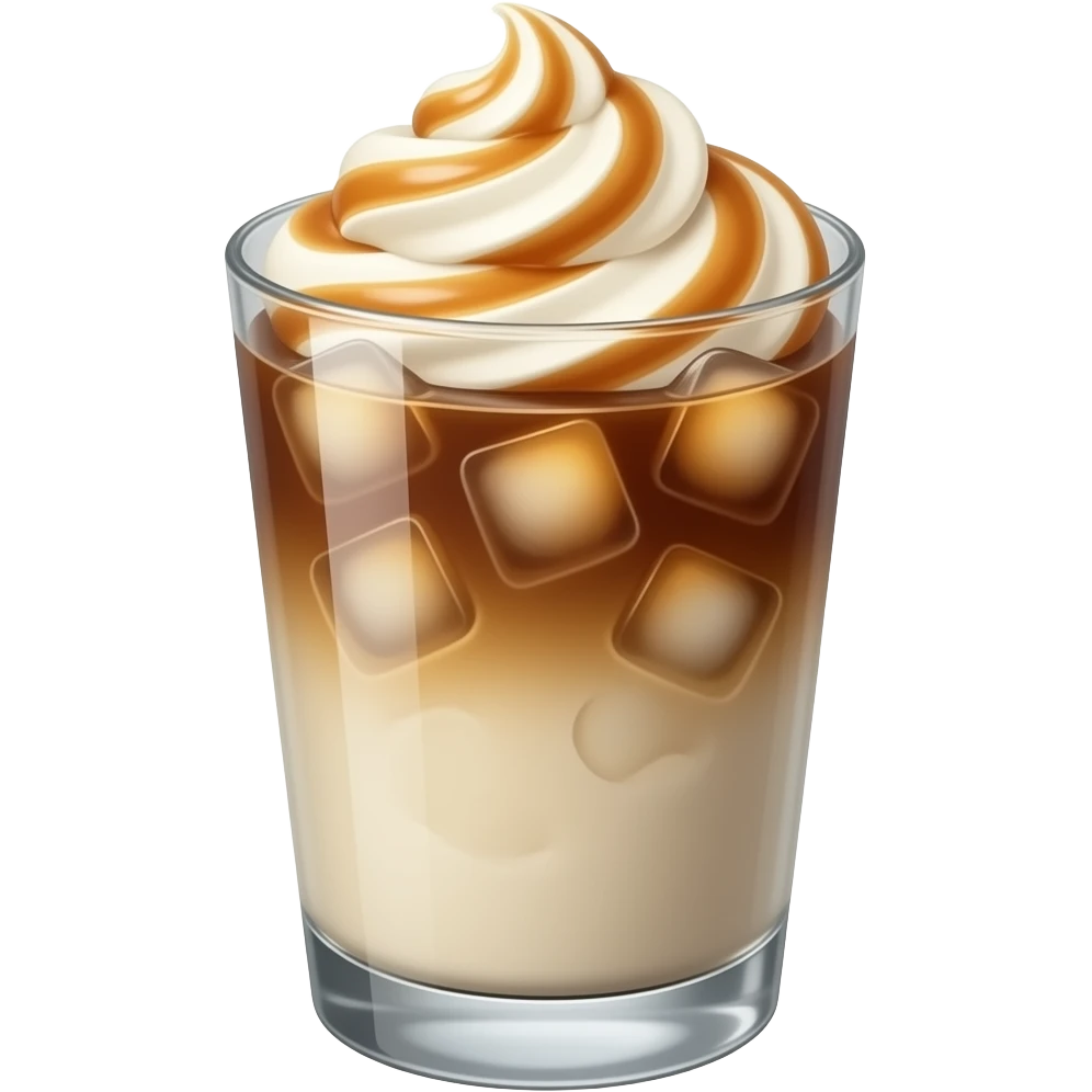 glass of iced caramel macchiato with caramel cream mixed inside emoji