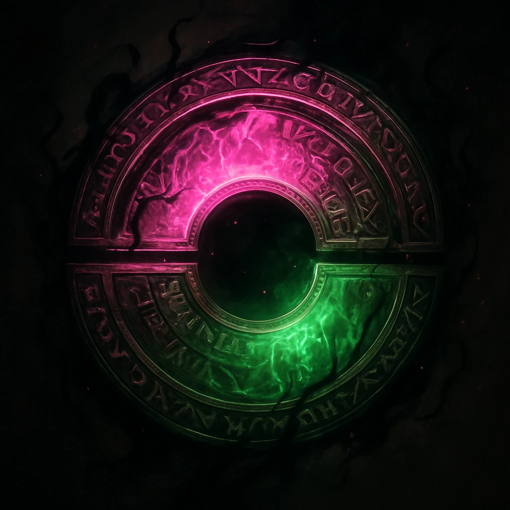 Enhance the split magical circle to be more fantasy-inspired and wicked themed. Add intricate runes and swirling energy around the circle, with a slightly sinister aura. Keep the original pink and green split color scheme and glowing effect, but emphasize the mystical and dark magical vibe. emoji