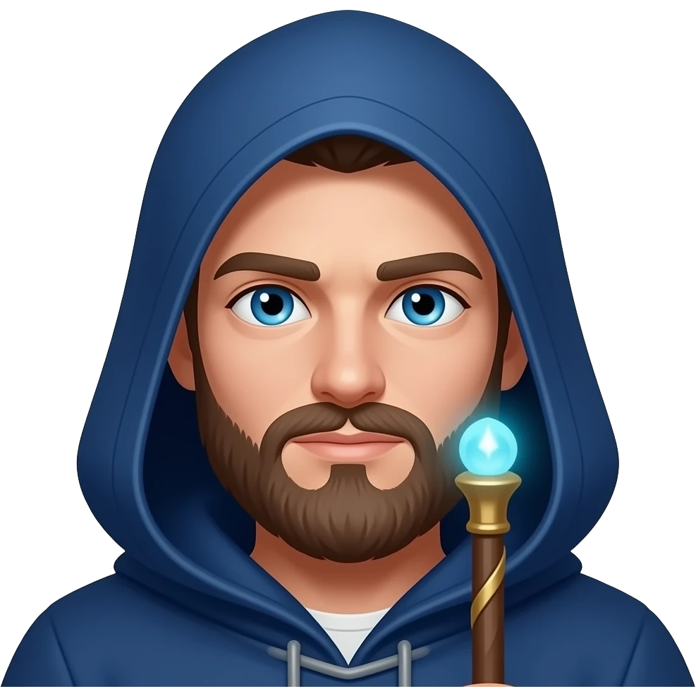 Blue Magic Mage hood over head with Glowing blue eyes and staff close up to face Caucasian with a brown Goatee beard young 26 years old emoji