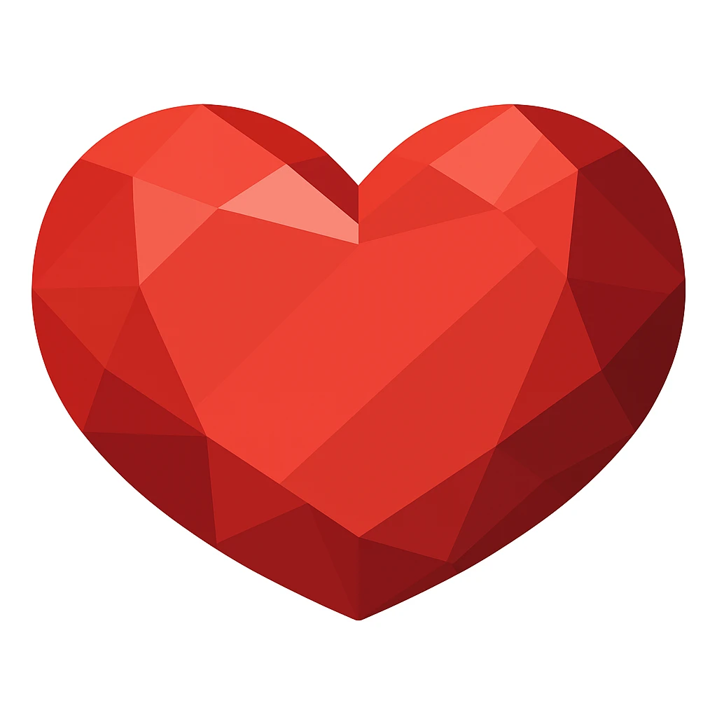 Transform this heart into a ruby in vector illustration style with no outlines, featuring a small number of large, clear, and contrasting facets. Use saturated red color with flat color fills and geometric highlights. Some facets should be lighter and some darker to create volume. Keep it minimalist for easy manual tracing. emoji