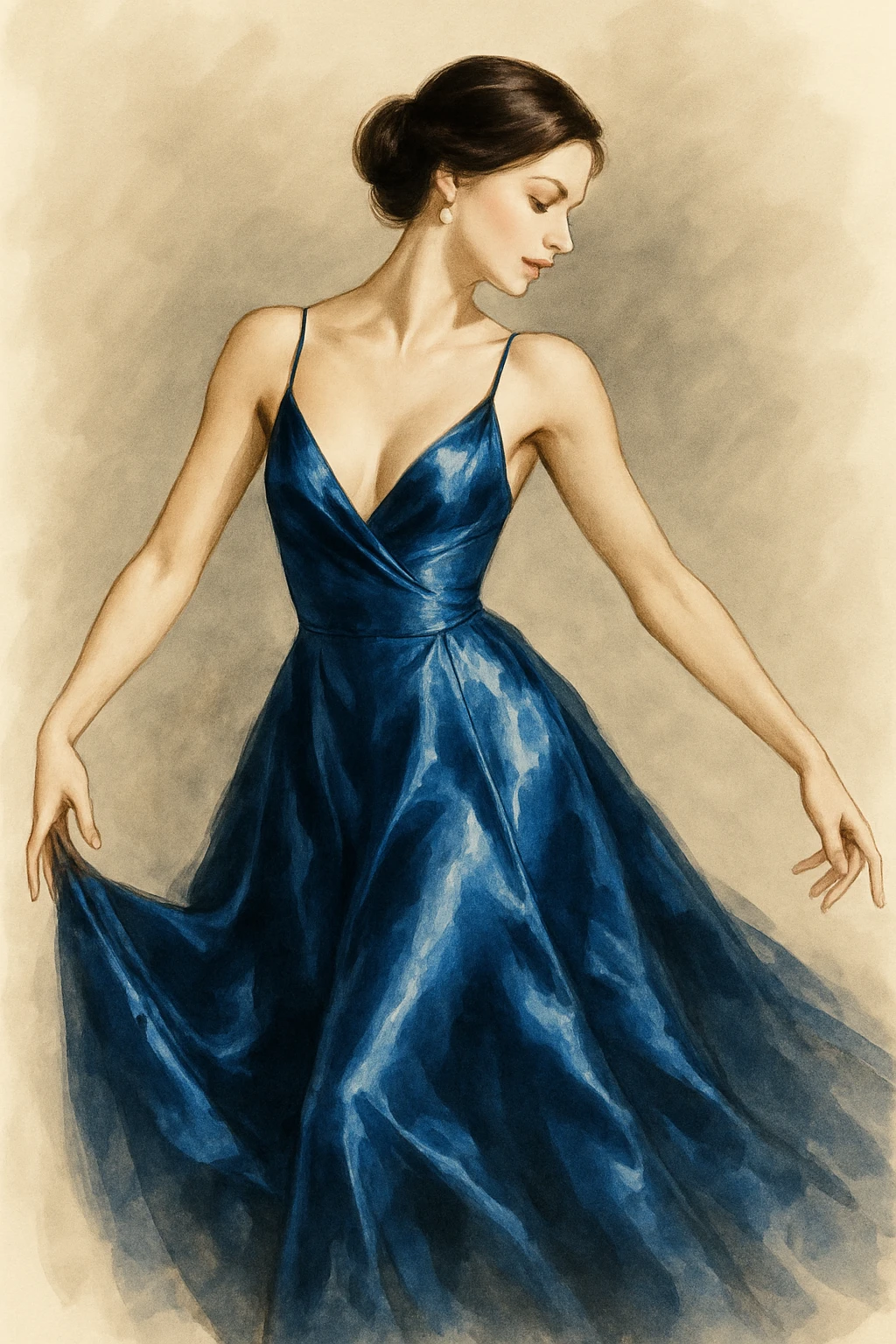Edit the image to show an elegant woman in a low cut blue satin silk dress in a new pose. The dress should appear luxurious and shiny, styled as a fashion illustration with graceful movement and sophistication. emoji