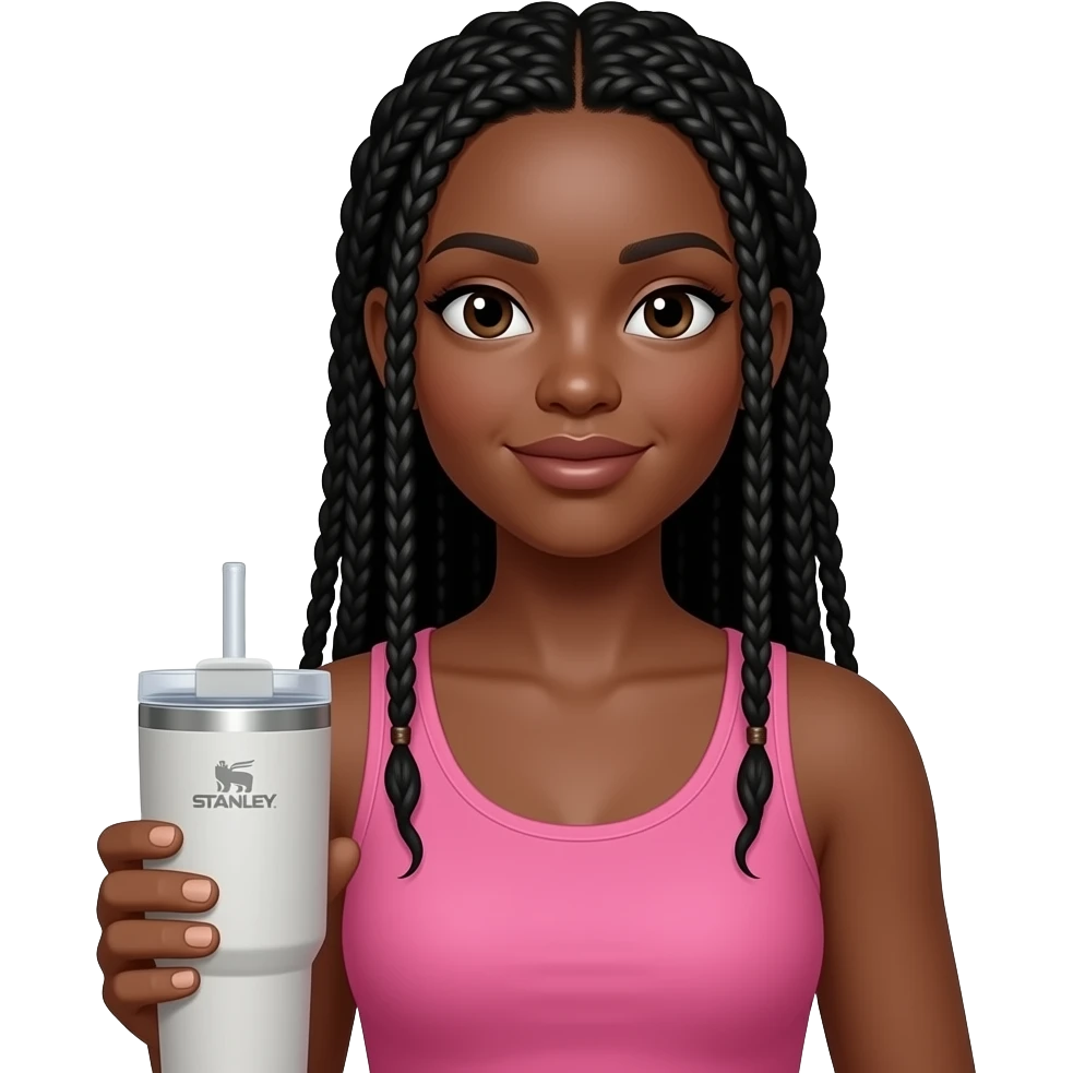 Black girl with pink tank top and fulani braids holding stanley emoji