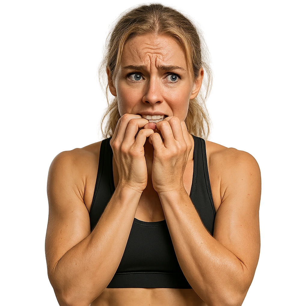 donna fitness bionda e bella ma nervosa, iperrealistica 4k emoji