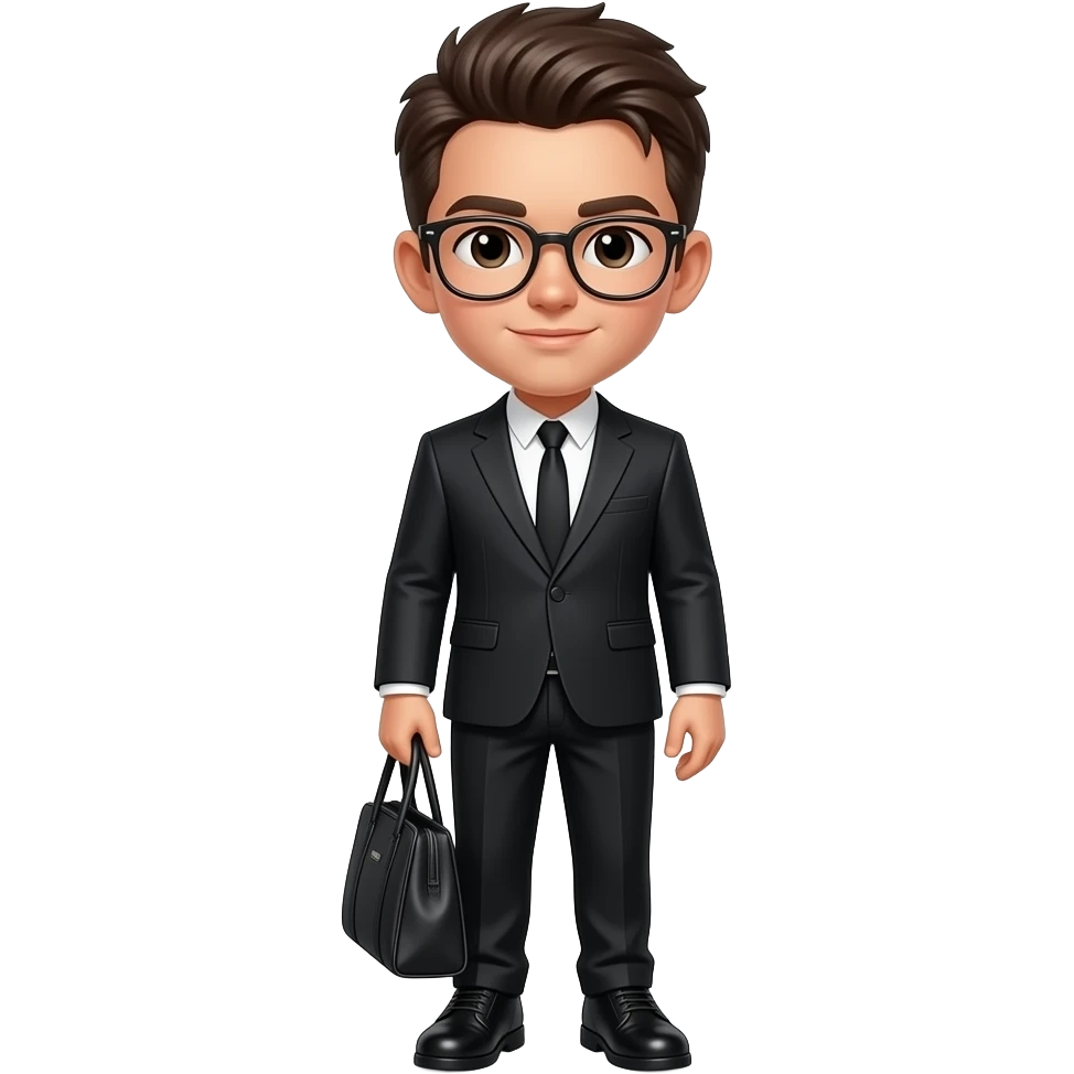 create a boy wearing a suit, and he wearing a black pants, and black shoe, he carrying a bag, and wearing a chrome hearts glass. emoji
