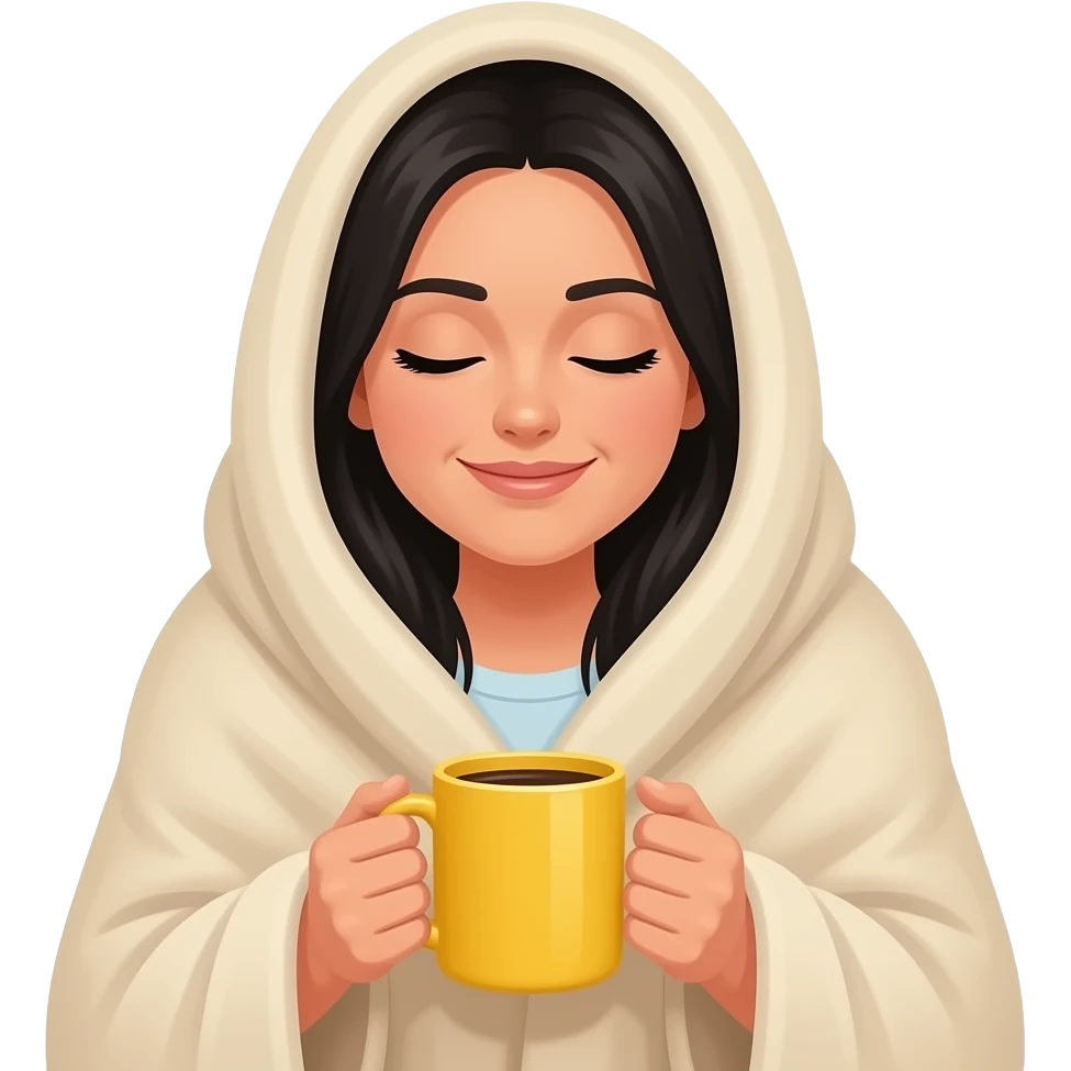 Iphone emoji style, a white woman with black hair, with a large beige blanket, drinking coffee in a yellow mug, cozy and peace emoji