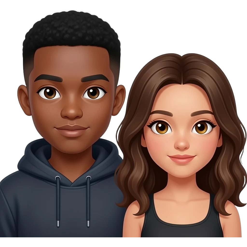 very dark skin, super hooded asain eyes, male, staight fade haircut, thick lips, soft flat nose, teenager, add a girl next to him make tghe girl very tan with wavy hair and hazle eyes emoji