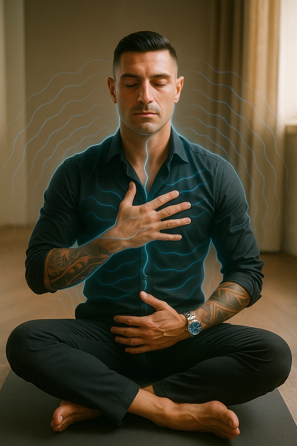 A highly realistic, cinematic portrait of a man in his early 30s with a calm, focused expression, sitting cross-legged on a yoga mat in a softly lit room. His eyes are closed, and he is performing deep diaphragmatic breathing, with one hand resting on his chest and the other on his abdomen, visibly rising and falling with each breath. A subtle glow or faint blue light outlines his body, symbolizing calm energy and nervous system regulation. Around him, faint symbolic waves or flowing lines in blue tones represent the breath calming the autonomic nervous system, while a soft warm light from a window illuminates his relaxed face. The atmosphere is peaceful and grounded, with warm natural tones and a clean, minimalist setting, evoking the feeling of inner calm and nervous system reset through conscious breathing. Style: 35mm hyperrealistic film photography, soft depth of field, warm lighting with clear focus on the man's peaceful face and breathing posture emoji