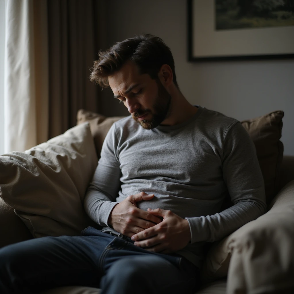 hyperrealistic 4K man sitting on the couch looking at his belly with a despondent expression, domestic environment emoji