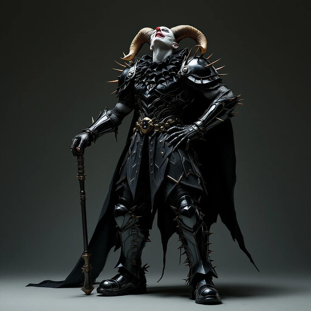 Evil armored clown with no hair, ram horns pointing up, masculine build, glossy black on matte black armor with spikes on shoulders, elbows, and knees, short cape, large black clown shoes, leaning back with hands on hips, head thrown back in laughter, mace at his side, leisure suit collar, full body emoji