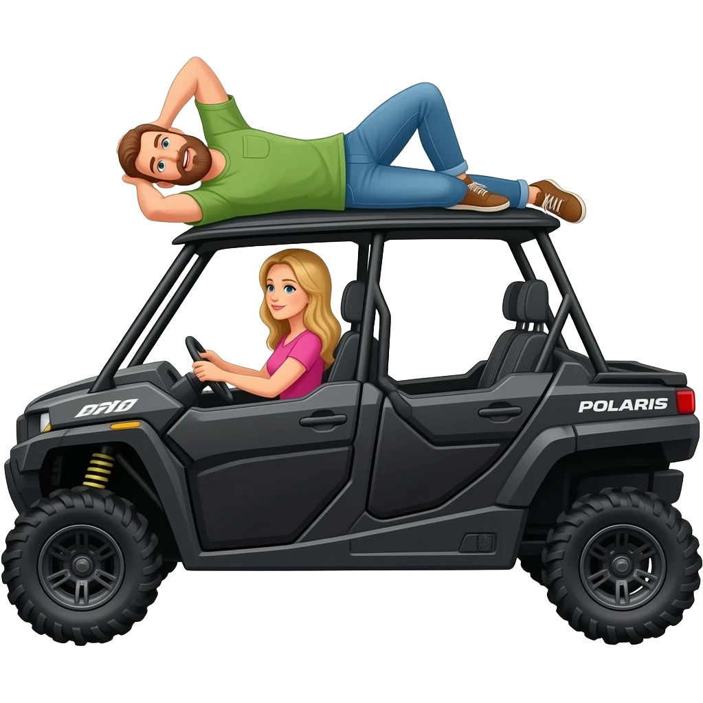 Side view Black 4 door sxs Polaris ranger atv  dad with beard laying on top being silly and blonde long hair mom driving emoji