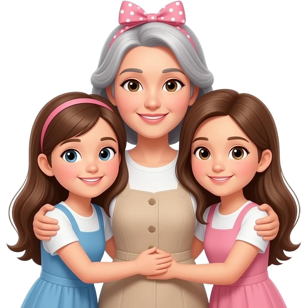 Madre con canas y moño y dos hijas pelo largo 13 y 15 años abrazadas emoji