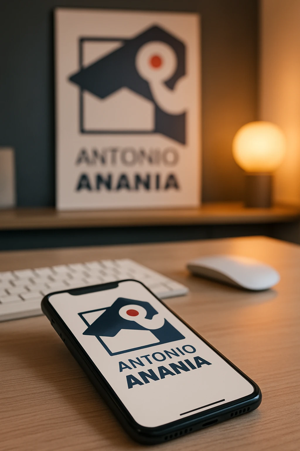 A photo of an iPhone on the desk with the logo of "Antonio Anania" on its screen, The phone sits atop a desk with a blurred with the logo in the background that suggests work environment. A faint glow from above casts gentle shadows across the surface of each object, creating depth and highlighting their textures emoji