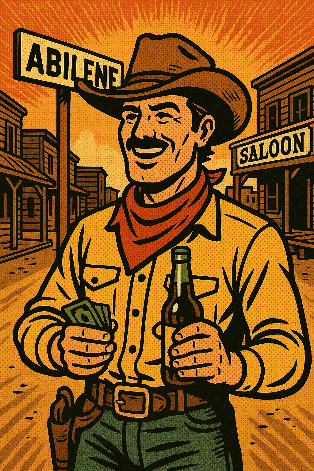 An American West cowboy standing in the Wild West town of Abilene in front of a saloon.  There is a street sign saying Abilene. The cowboy is holding a bottle of beer and his pay looking happy. emoji