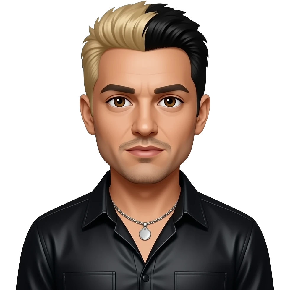 Chino Moreno with brown eyes, black hair with blonde dyed, black metallic dress shirt, silver necklace emoji