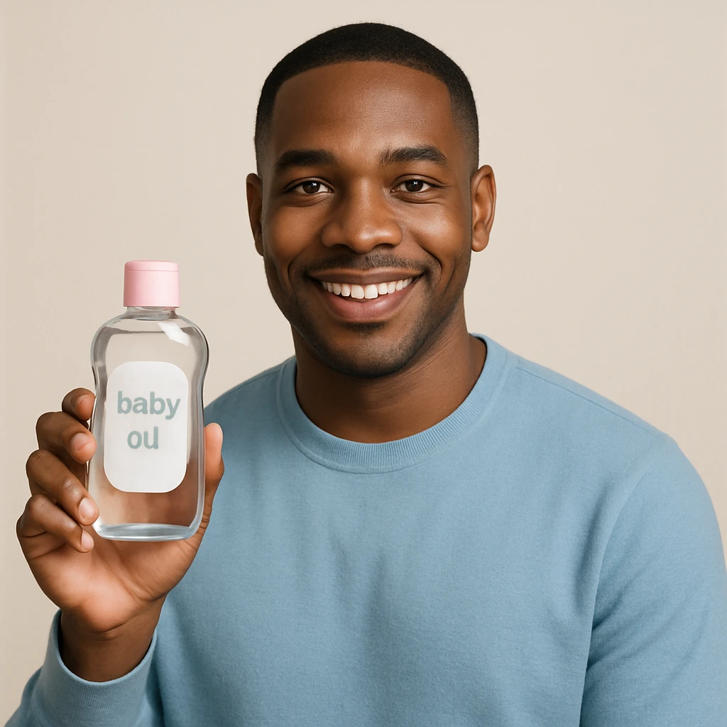 A Black man with short hair holding a bottle of baby oil, clean and approachable look emoji