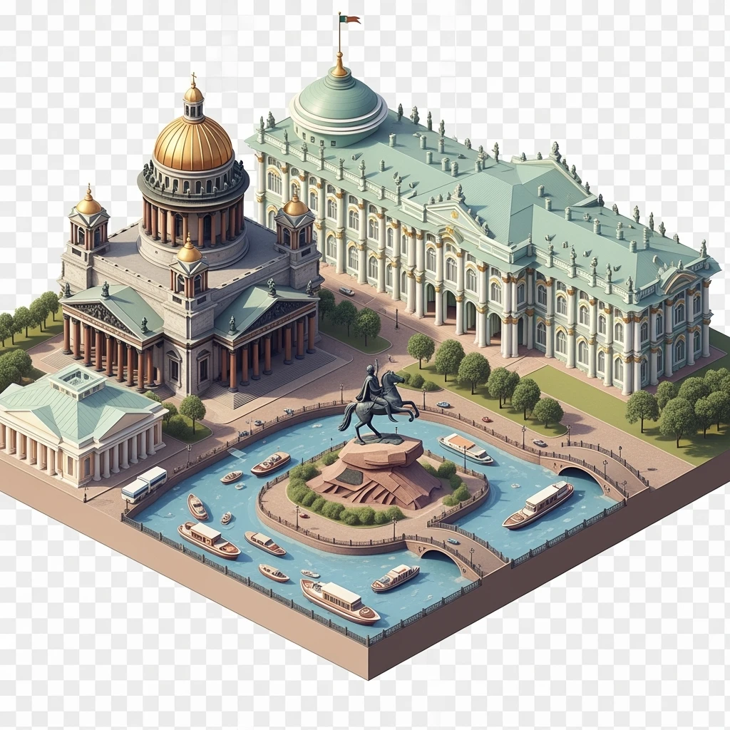 Isometric illustration of Saint Petersburg with the Saint Isaac’s Cathedral, the photorealistic Winter Palace, and the Bronze Horseman statue, toy boats and bridges, in pastel miniature diorama style, transparent background emoji