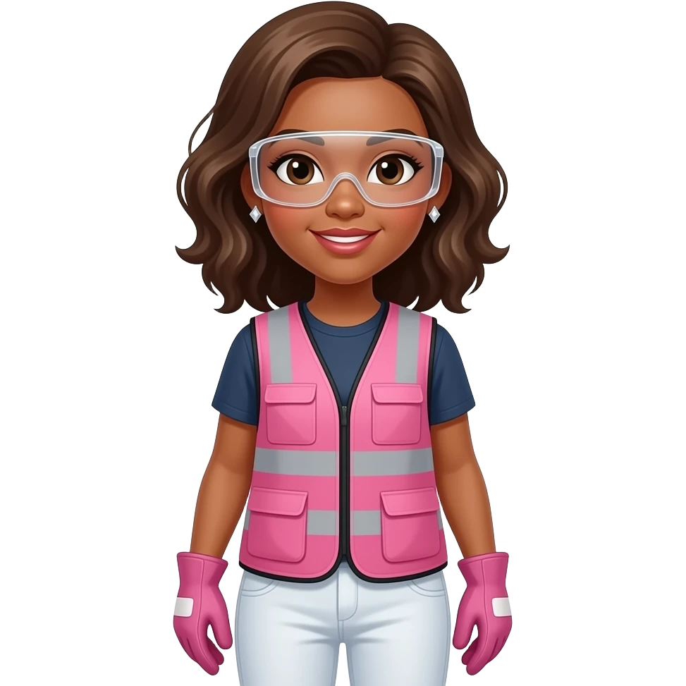 African American woman with brown eyes with shoulder length wavy light brown hair wearing diamond earrings wearing pink and clear safety glasses wearing a pink construction vest wearing white pans wearing pink construction vest wearing white pants wearing pink construction gloves emoji