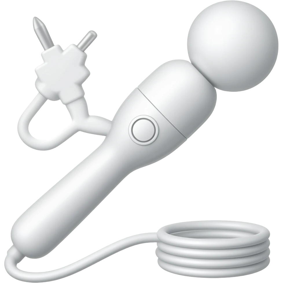 a body massager in the form of a stick with a round, slightly elongated attachment on the wire, a vibrating body massager, white, with an on/off button and a wire. emoji