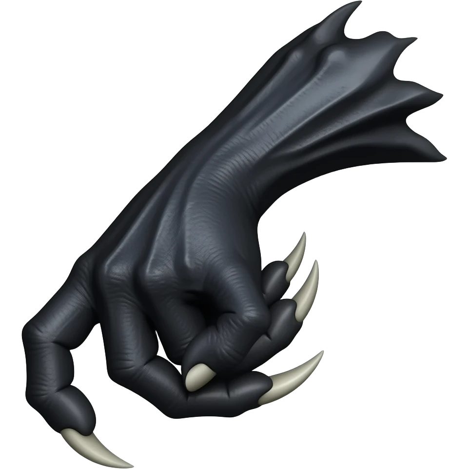 Long dark Demonic hand with sharp claws. Make the hand reach out to attack and slash towards the right of the image violently. Shift the perspective to a side profile to show the curvature and length of the claws more clearly. emoji