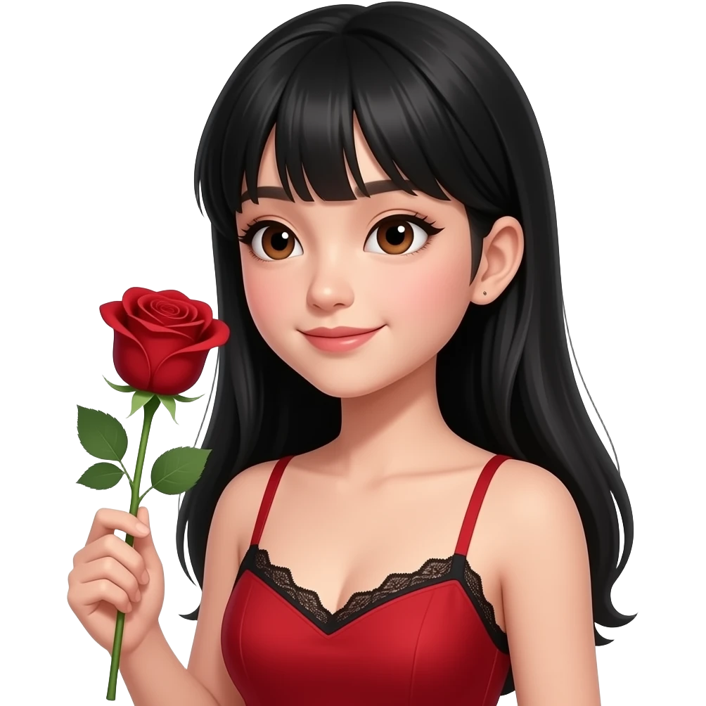 Asian girl with black long hair, pretty brown siren eyes, a red dress, thin strap, with the top of a black bra showing laced, make her look attractive  have her head tilted to the side holding a blood red color rose make her look 15 years old put a tiny black mole in the middle of her chin emoji
