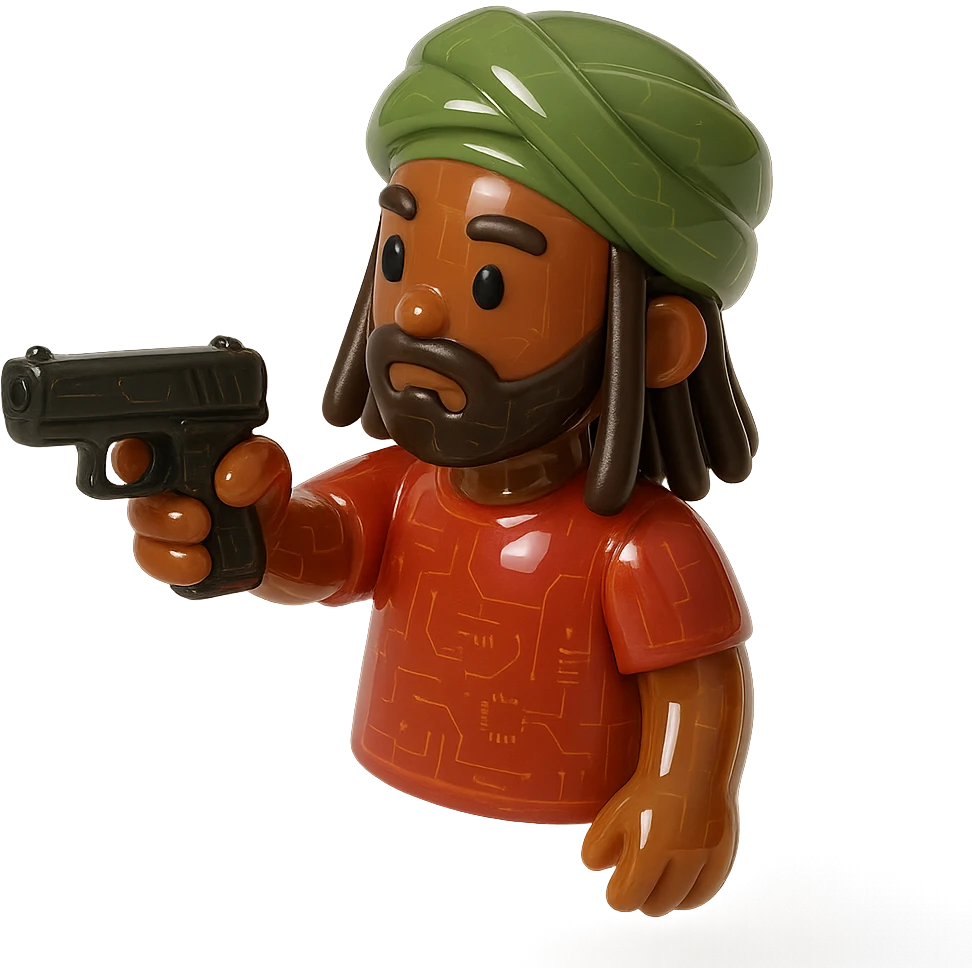 Brownskin man with long brown dreadlocks 
red t-shirt 
green turban 
expression is pointing a a glock emoji