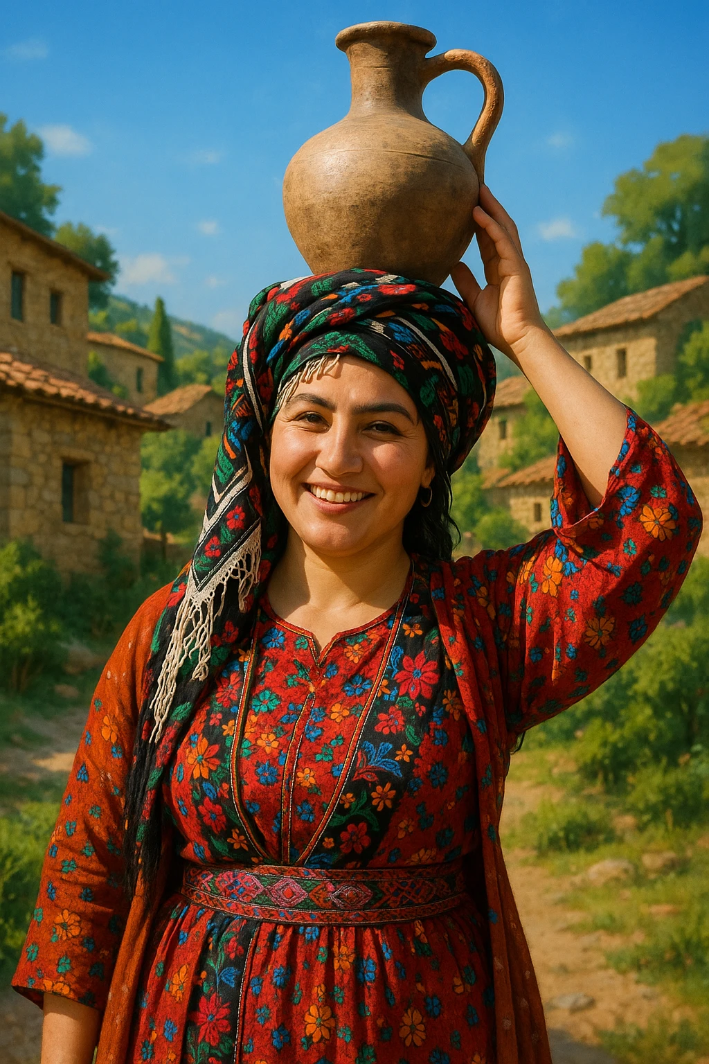 کوردی woman with traditional Kurdish scarf, balancing a water jug, smiling, village scene emoji