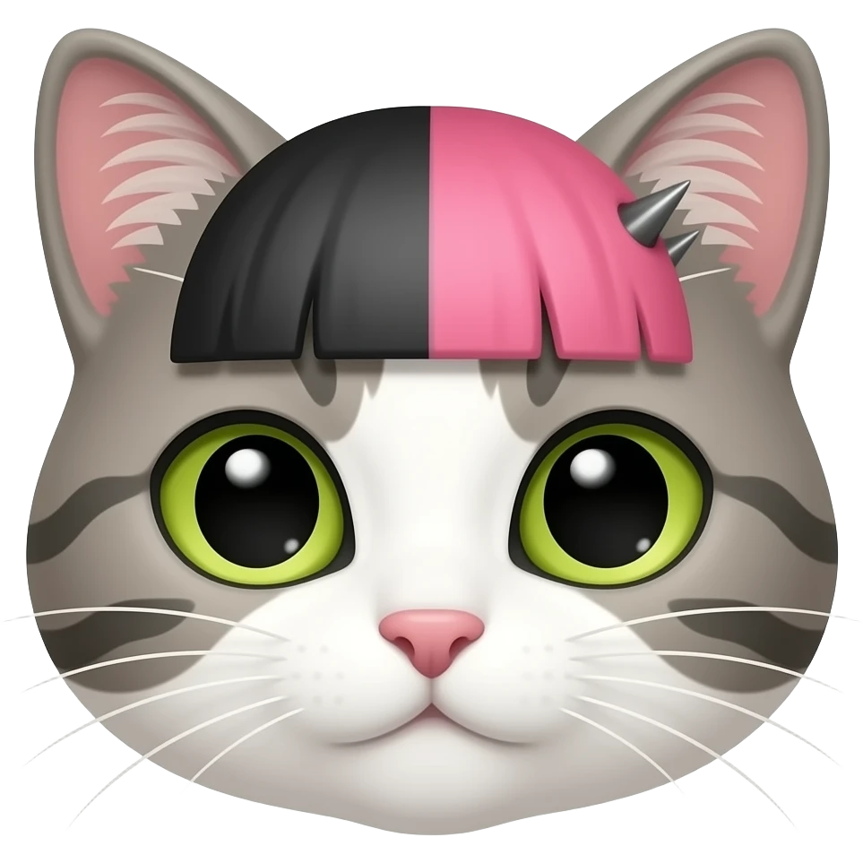 Смайлик эмоджи для WhatsApp. Котик с проколотой бровью и черно-розовой челкой мордочка emoji
