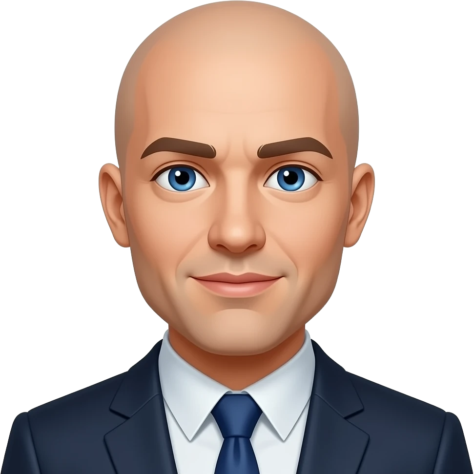totally bald person with blue eyes and a suit and tie emoji